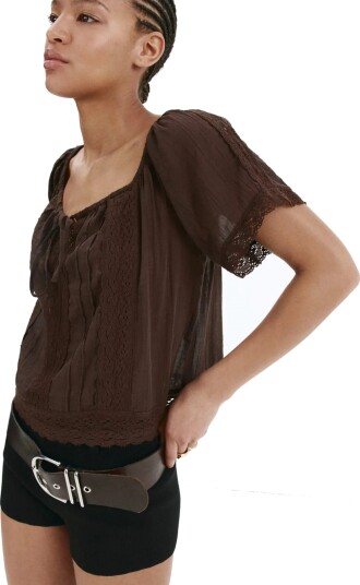 Mango Cotton Lace Blouse Brown XS