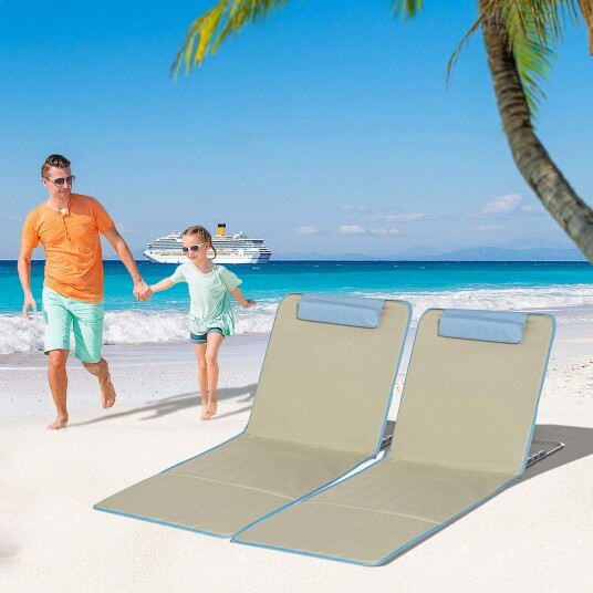 Strandmatte sett med 2 sammenleggbare strandsenger med puter 5 nivås høydejusterbar strandmadrass med bæreveske stål beige, Strandmatte sett med 2 sammenleggbare strandsenger med puter 5 nivås høydejusterbar strandmadrass med bæreveske stål beige,