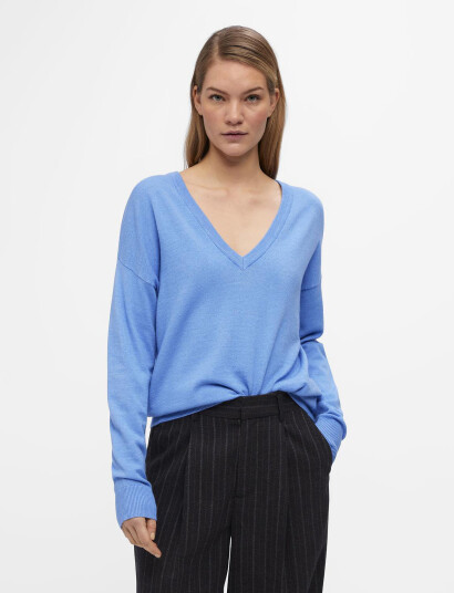 Object Objthess L/S V-Neck Knit Pullover Noos - Blue - XL