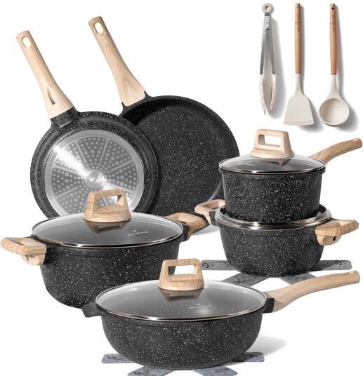 15 delers granitt kokekarsett – non stick induksjonsklar