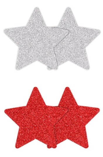 Pretty Pasties Glitter Stars Red Silver 2 Pair