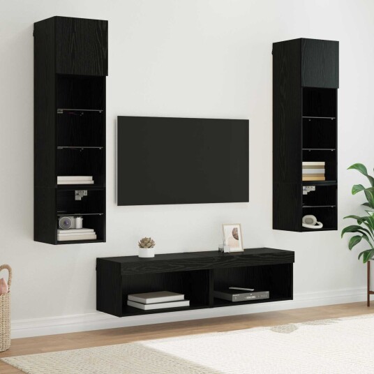 TV Vegg enhet med LED stripelys 6 pcs Svart Eik Konstruert tre TV Vegg enhet med LED stripelys 6 pcs Svart Eik Konstruert tre