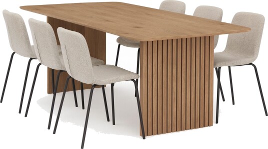 Richeto spisebord 210 cm med 6 Katy spisestoler - Naturlig finish / Greige bouclé / Metallben svart