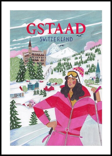 Travel Poster Woman in Gstaad Switzerland Plakat Plakat / 100x150cm Travel Poster Woman in Gstaad Switzerland Plakat Plakat / 100x150cm