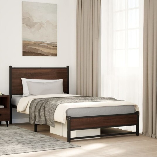  Sengeramme i metall med hodegavl brun eik 107x203 cm 8721102955235