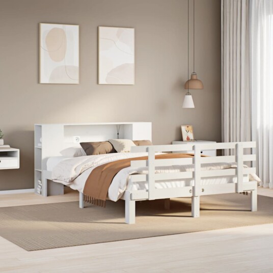  Seng med bokhylle uten madrass hvit 150x200 cm heltre furu 8721158615008
