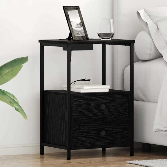 Nattbord med ladestasjon 2 pcs Svart eik Konstruert tre Nattbord med ladestasjon 2 pcs Svart eik Konstruert tre