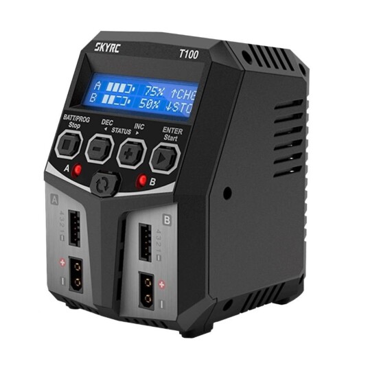 SkyRC T100 AC Dual Lader 2x50W med CE-merke for Lithium og Nikkel-Kadmium