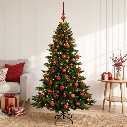vidaXL Kunstig juletre med julekuler 150 cm 150 LED-lys Varmhvit