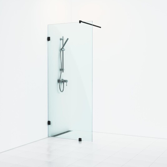 Svedbergs 180° dusjvegg fast, 98 cm, klart glass, sort matt profil