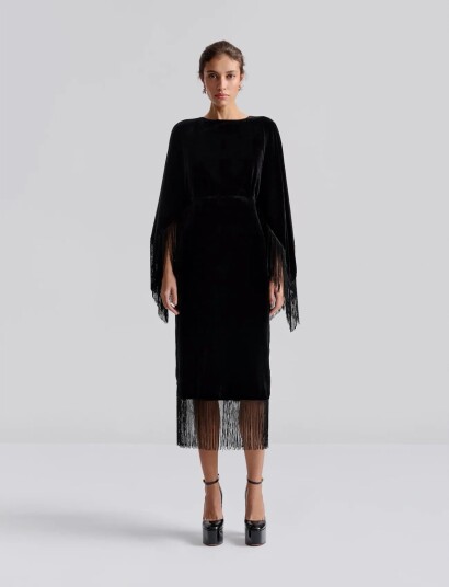 Malina Tara Fringe Velvet Midi Dress Black 34
