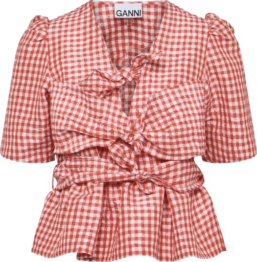 Ganni Crinkled Taffeta Check Tie Strap Blouse Orange 42
