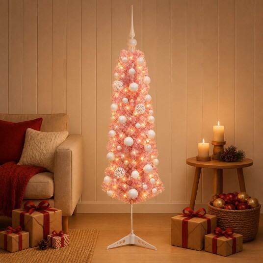 vidaXL Kunstig slankt juletre med julekuler 150 cm 150 LED-lys