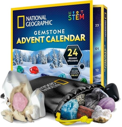 National Geographic 2025 Edelsten Julekalender   Nedtellingskalender for barn med 24 edelstener steinsamling og mini edelstensutgravingssett
