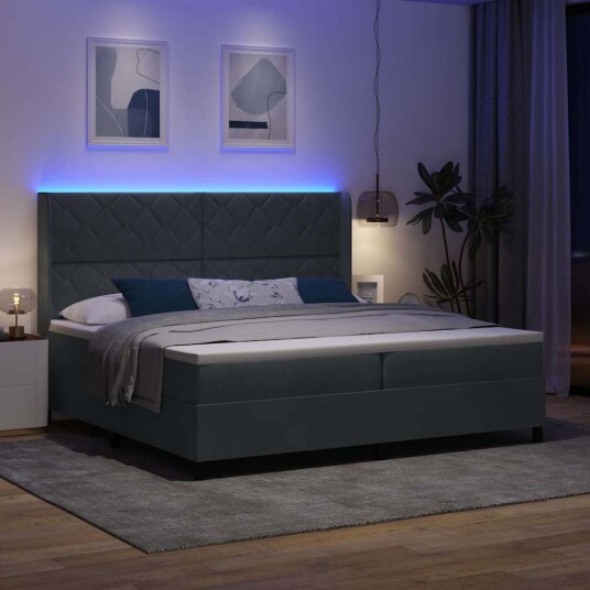 Box Spring Seng med Madrass & LED Mørkegrå 200x200 cm Fløyel