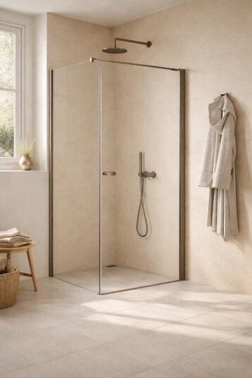 NEW SOLEO™ Dusjhjørne med svingdør og fastvegg | Vinkelrett beslag | Børstet Gunmetal - 80x70x195 NEW SOLEO™ Dusjhjørne med svingdør og fastvegg | Vinkelrett beslag | Børstet Gunmetal - 80x70x195