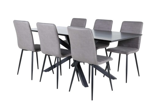 Venture Design Piazza & Windu spisegruppe Grå/svart 6 stoler & bord 180 x 90 cm