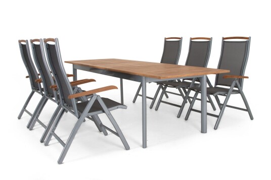 Selected Home Nice spisegruppe Sølv/sølv i teak 6 stoler & bord 202-260x90 cm Selected Home Nice spisegruppe Sølv/sølv i teak 6 stoler & bord 202-260x90 cm
