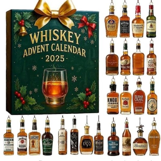 Whiskey/Øl/Cocktail Adventskalender 2025: 24 Dagers Julekalender med 3D Akryl Juletrepynt Gave til Whiskey/Øl/Cockt