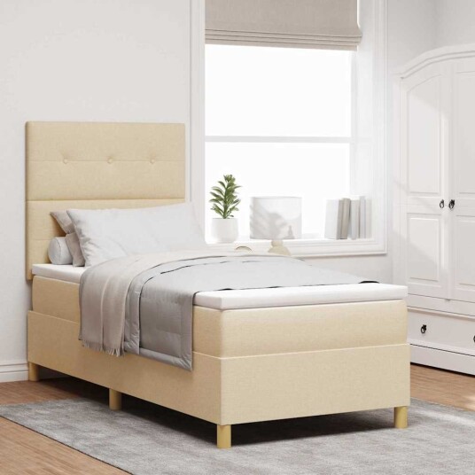 Bokfjæring seng med madrass og LED Krem 90x200 cm Stoff