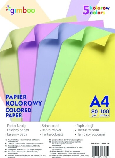 Gimboo Farget Papir A4 100 Ark 80 G/M² 5 Pastellfarger Gimboo Farget Papir A4 100 Ark 80 G/M² 5 Pastellfarger