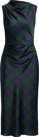 Lauren Ralph Lauren Black Watch Satin Charmeuse Dress NAVY/GREEN/BLACK 46