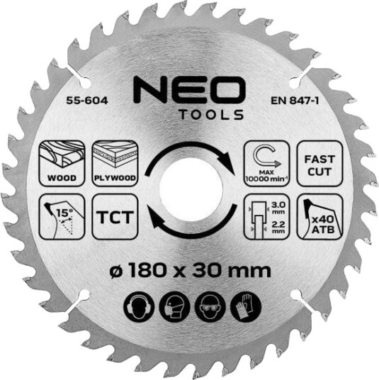 NEO Tools 55-604 Sirkelsagblad - 180x30mm, 40 tenner, inkl. 3 reduksjonsringer