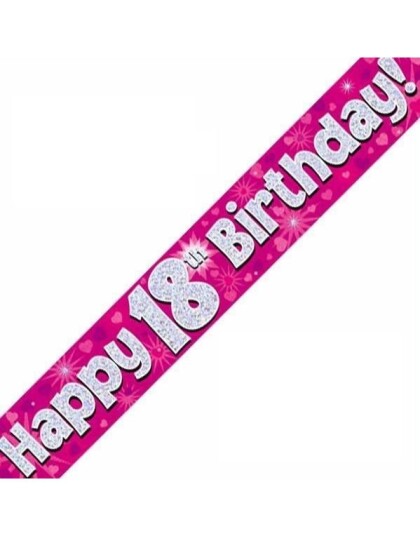 Happy 18th Birthday   2,7 Meter Rosa og Sølvfarget Holografisk Banner