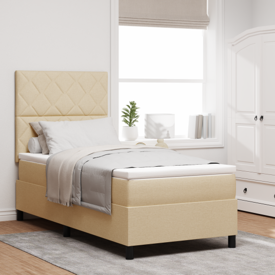 Box Spring Seng med Madrass & LED Krem 90x200 cm Stoff