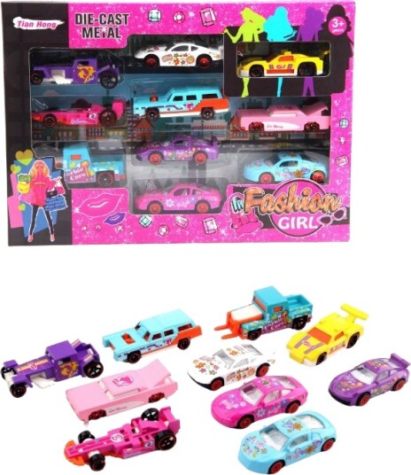 Lekebiler i metall 10 stk rosa design