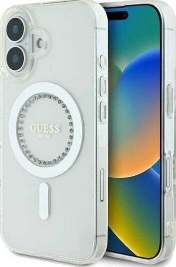 GUESS IML Rhinestones MagSafe Case for iPhone 16 Plus - White
