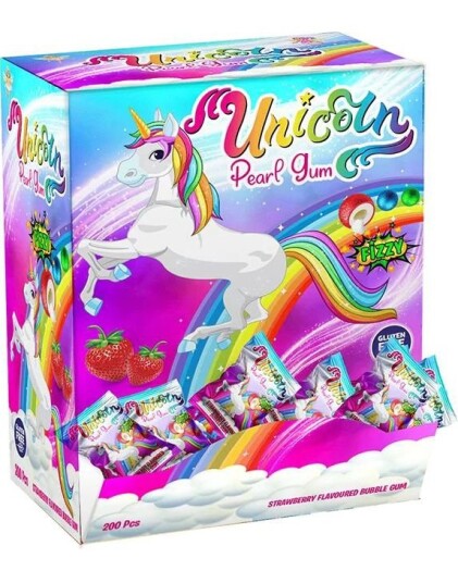 200 stk Unicorn Fizzy Pearl Gum / Tyggegummi med Jordbærsmak og Fizzy Fyll Hel Eske 920 gram