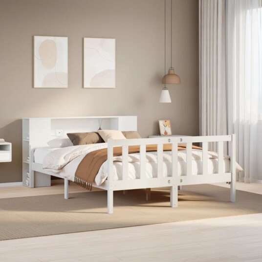  Seng med bokhylle uten madrass hvit 150x200 cm heltre furu 8721158608765
