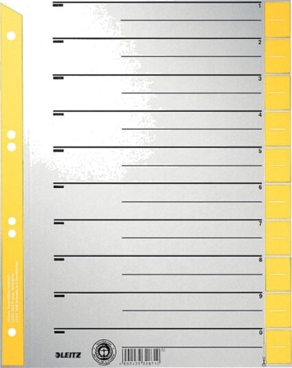 Leitz   Inndeler   10 Deler   Fortrykt: 0 9   For A4 210 X 297 Mm   Med Fliker   Gul