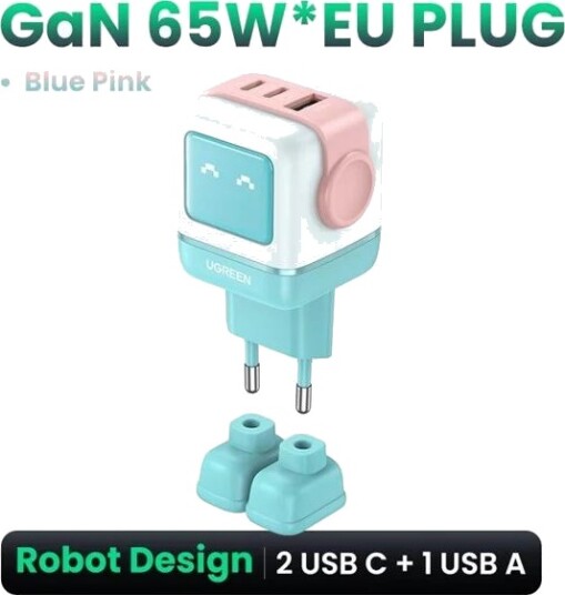 Ugreen UNO 65W 3-Port USB-C Hurtiglader Rosa/Blå Mobillader Ugreen UNO 65W 3-Port USB-C Hurtiglader Rosa/Blå Mobillader