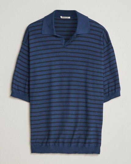 Auralee Cotton Knit Skipper Polo Navy Stripe