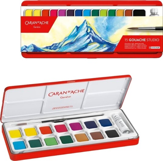 Caran d'Ache Gouache Studio vannbasert maling 15 farger og en pensel