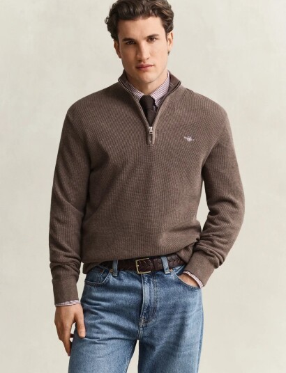 Gant Waffle Knit Half Zip Sweater Brown XL