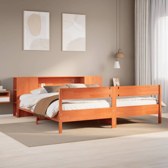 Seng med bokhylle uten madrass voksbrun 180x200 cm heltre furu 8721158617286