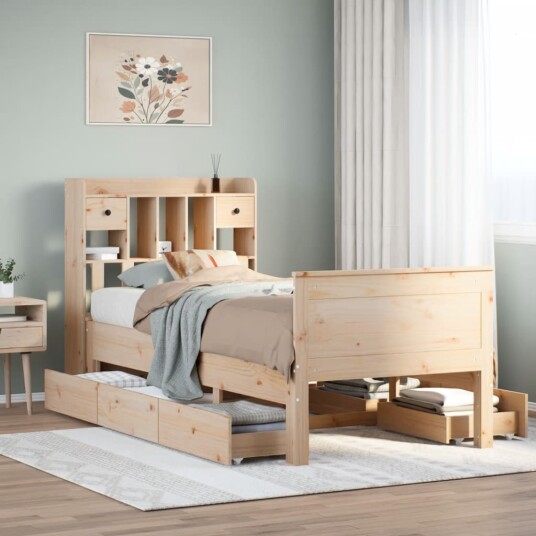 Seng med bokhylle uten madrass 90x200 cm heltre furu 8721158383693