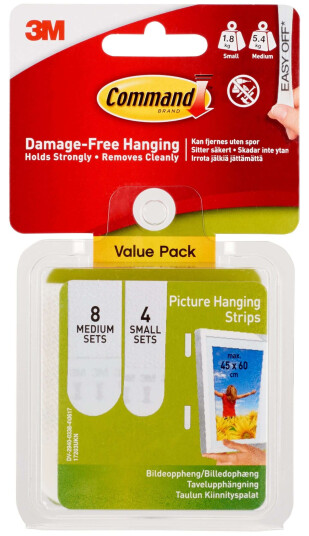 3M Command Selvklebende strips for bildeoppheng, hvit, 8 sett medium, 4 sett små 3M Command Selvklebende strips for bildeoppheng, hvit, 8 sett medium, 4 sett små