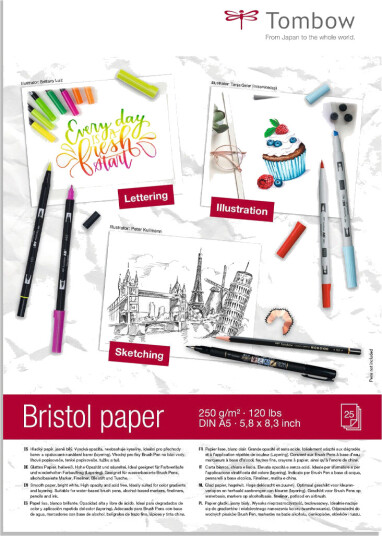 Tombow Bristol papir 250g A5 for tegning og typografi. Klart hvitt syrefritt 25 ark