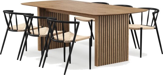 Richeto spisebord 210 cm med 6 Winston spisestoler - Naturlig finish / Beige / Metallben svart