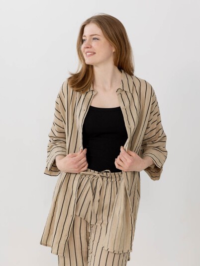 Ichi Foxa Striped Beach Shirt Beige M