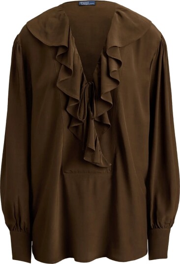 Polo Ralph Lauren Ruffled Crepe Shirt DARK BROWN 34