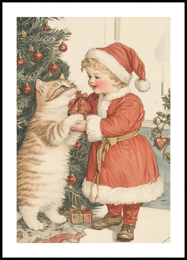 Christmas Kid and Cat Plakat Plakat / 100x150cm