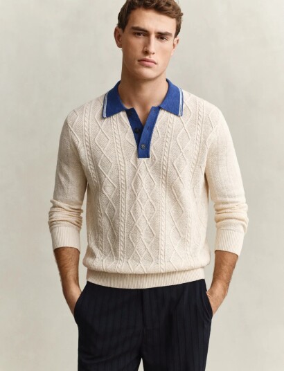 GANT Linen Cotton Silk Blend Cable Polo Cream S