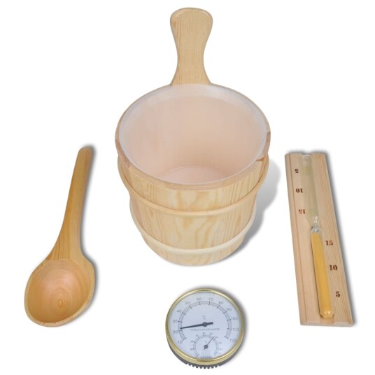 5 Delers Badstuetilbehør Bøtte Skje Timeglass Termo Hygrometer 5 Delers Badstuetilbehør Bøtte Skje Timeglass Termo Hygrometer