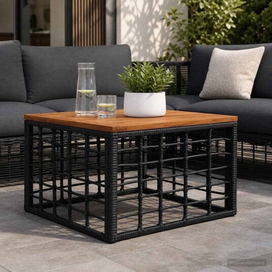 vidaXL Hagebord Svart og naturlig 55 x 55 x 37 cm PE Rattan og Glass