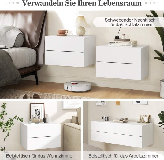 Nattbord hengende vegghylle med 2 skuffer sidebord veggmontert 42 x 30 x 28 cm hvit